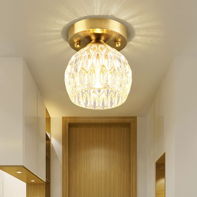 Dome Flush Mount Light Modernism Dimpled Crystal 1 Light Brass Ceiling Light Fixture for Corridor