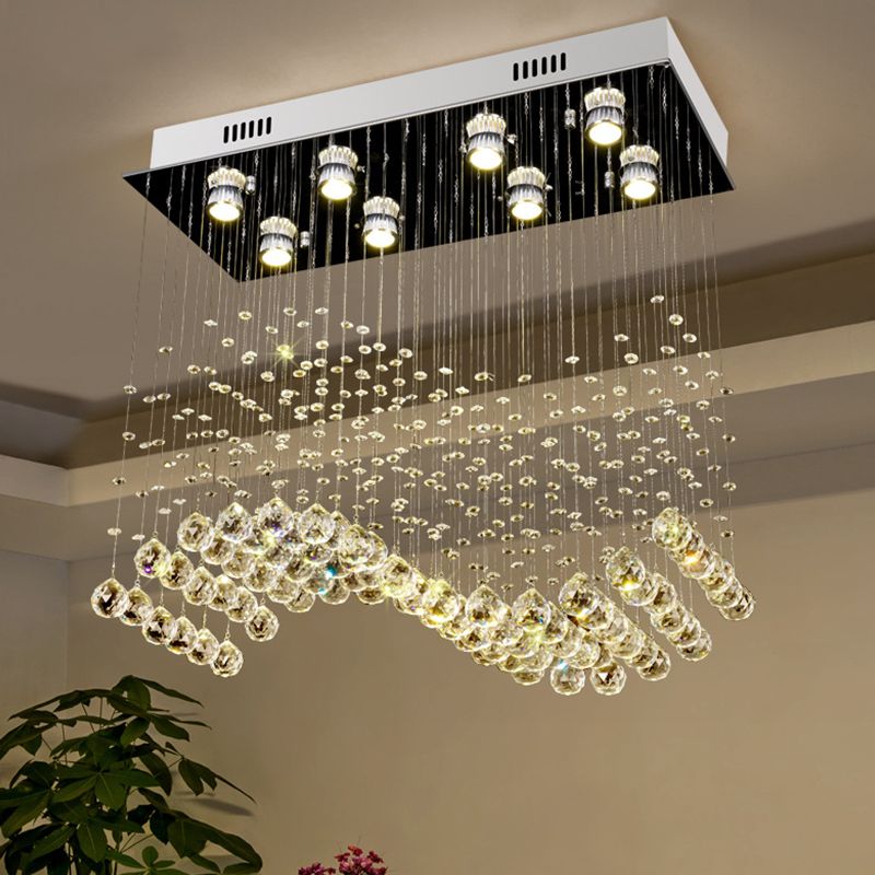 Wavy Dining Room Ceiling Lamp Modern Crystal 8 Lights Stainless Steel Flush Mount Lighting Fixture