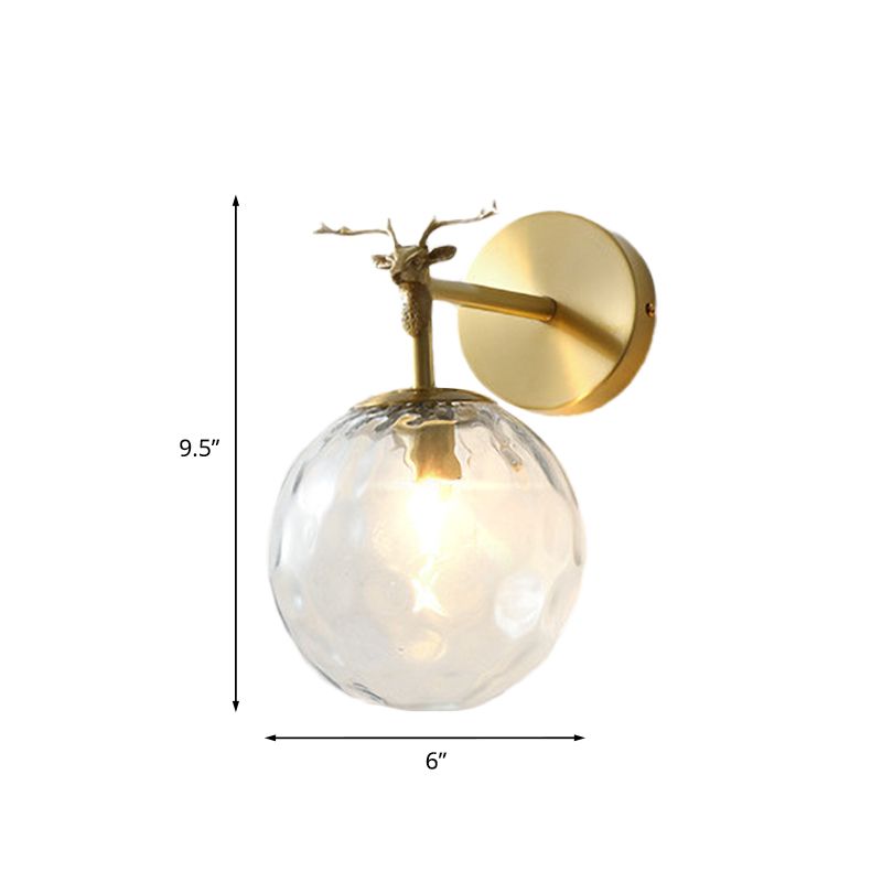 1 Bulb Sconce Light Fixture Vintage Indoor Wall Lamp with Globe Clear Water Glass Shade in Brass