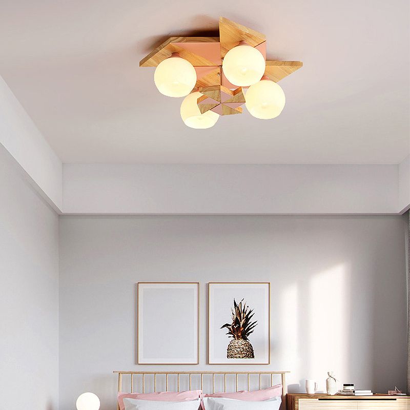 Plafonnier globe créatif moderne en bois à 4 lumières avec abat-jour en verre
