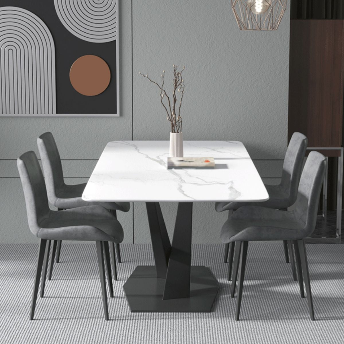 Contemporary Rectangle Dining Room Table Sintered Stone Table with Pedestal Base