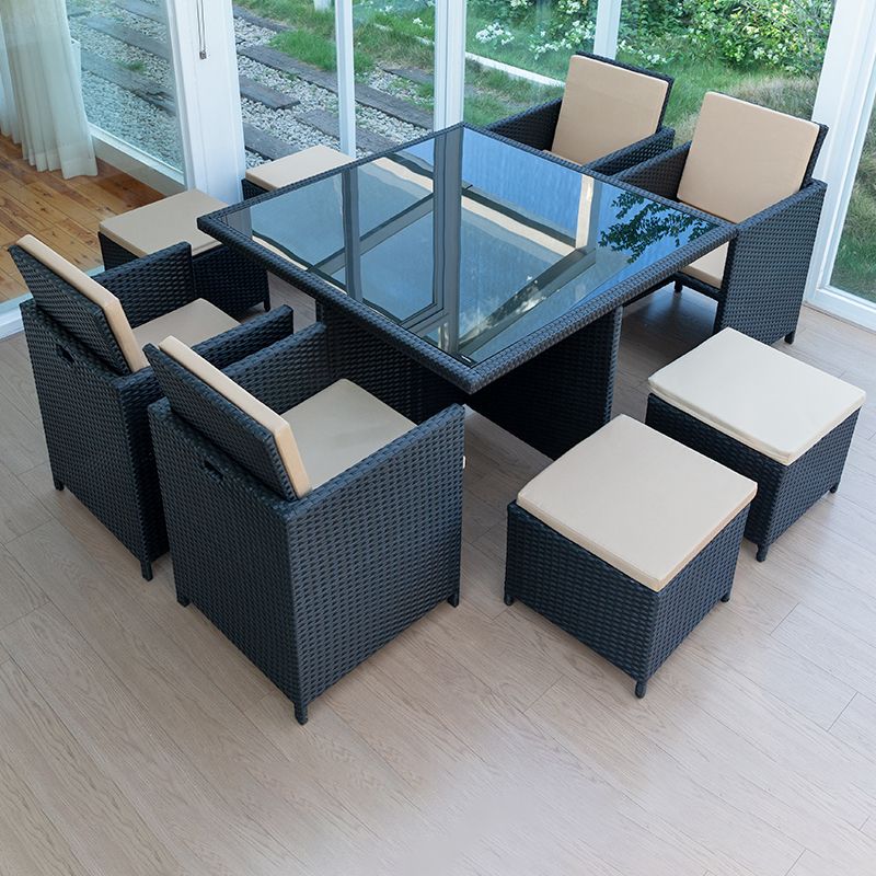 Rattan Dining Table Set with Black Tempered Glass Table for Courtyard