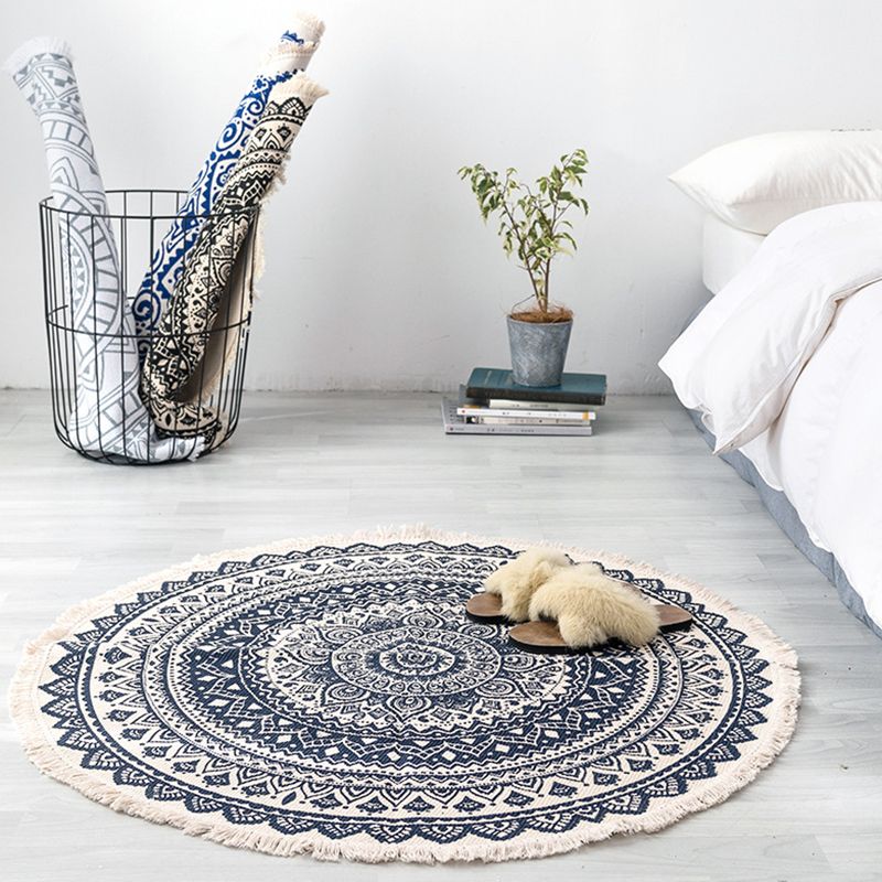 Round White Tone Modern Indoor Rug Cotton Symmetrical Pattern Carpet Easy Care Rug for Home Decoration