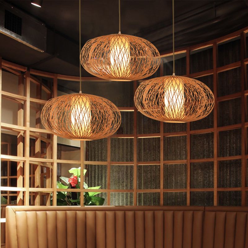 Cross Woven Pendant Lighting Fixture Modern Bamboo 1 Light Beige Hanging Lamp Kit for Dining Room