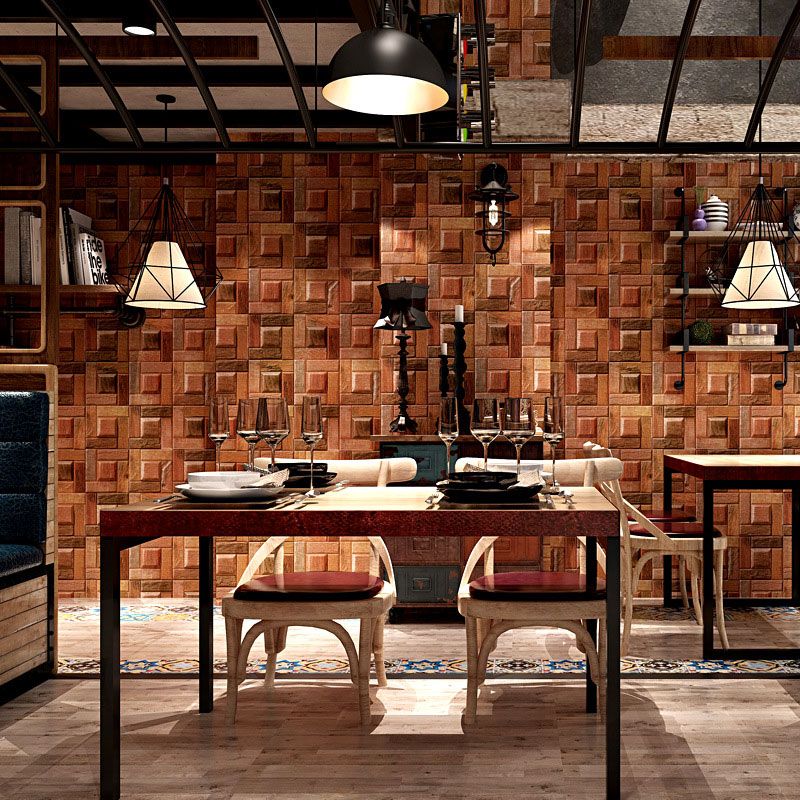 Stain-Resistant Cube Wallpaper Non-Pasted 3D Wood PVC Wall Covering in Dark Red