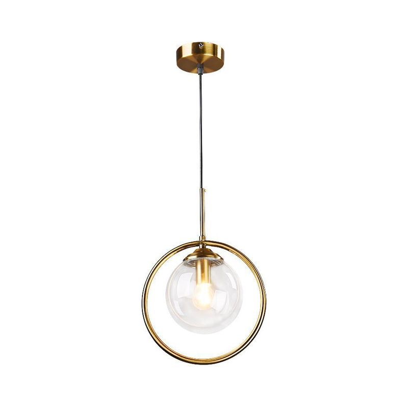Globe Down Lighting Pendant Postmodern Clear/Amber/Smoke Grey Glass Single-Bulb Bedroom Suspension Light with Brass Ring