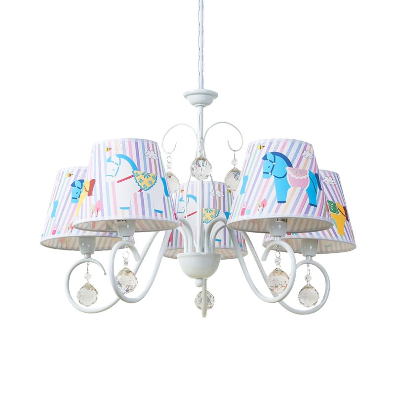 Fabric Tapered Ceiling Pendant Cartoon 5 Lights White Hanging Chandelier with Horse Pattern and Crystal Orb