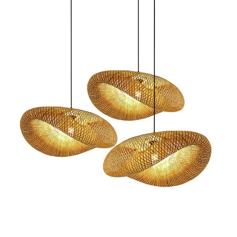 Japanese Style Bamboo Chandelier 1 Light Hanging Pendant Lights Hat Shape Handmade Cardboard Shade Kitchen Lamp