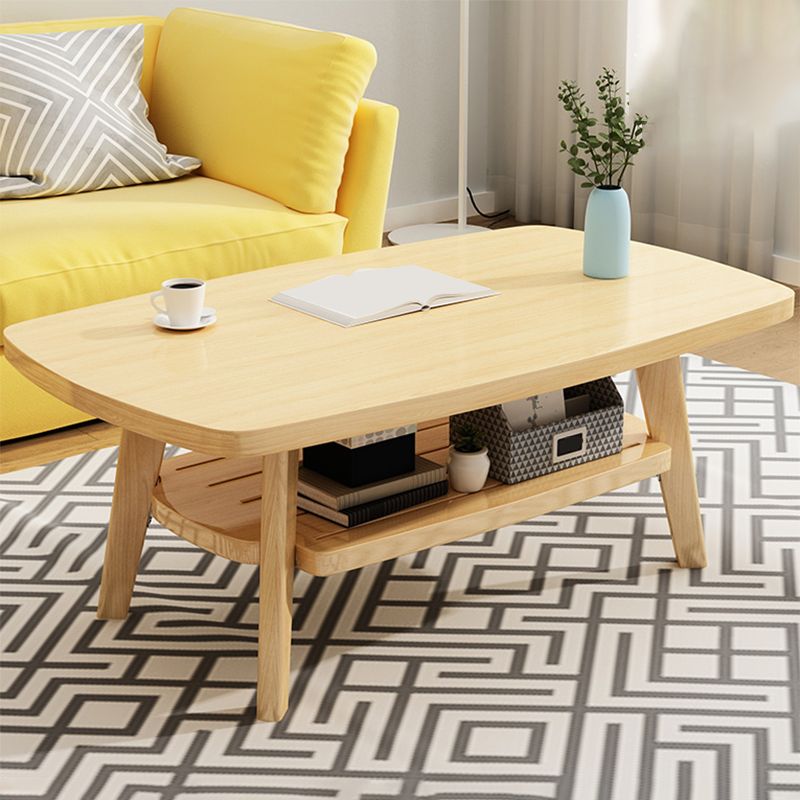 Nordic Style Rectangular 4 Legs Base Solid Wood Table with Storage Rack Coffee Table