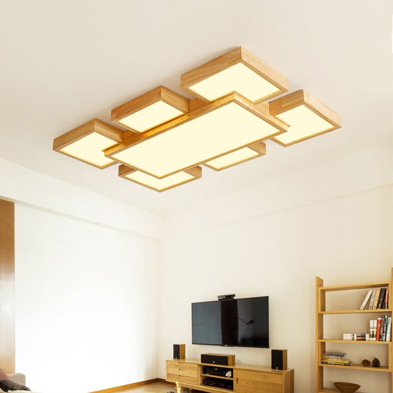 Beige vierkant/rechthoekblokspoellicht modern 22 "/31,5"/42 "brede LED houten plafond gemonteerde lamp