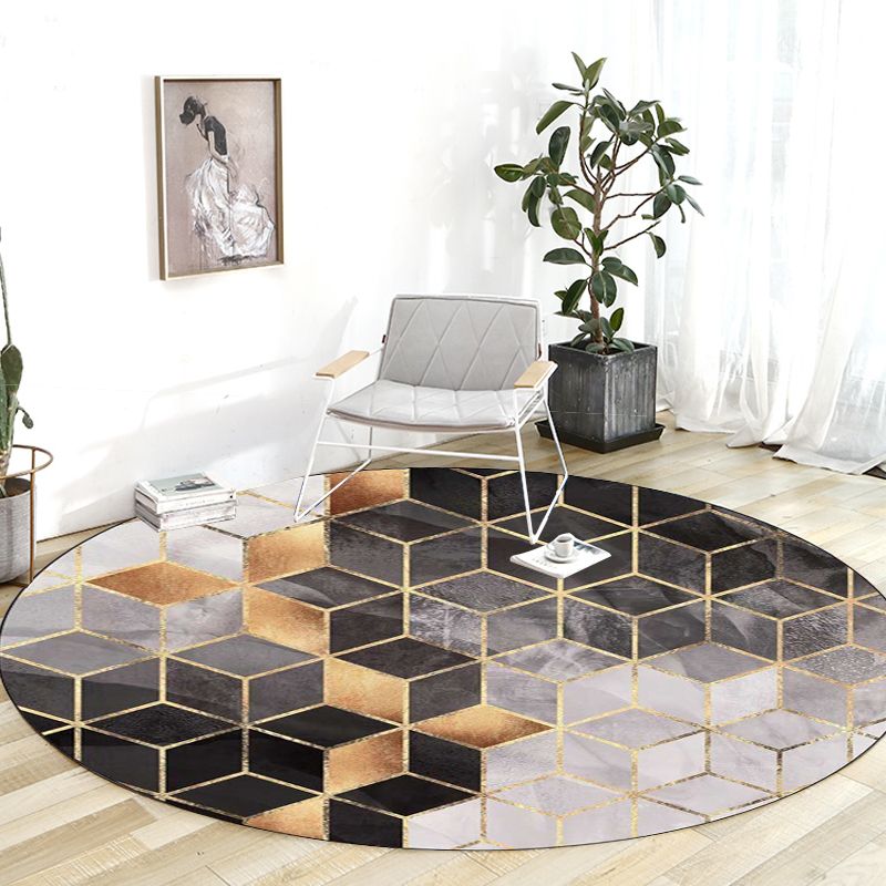 Black and Grey Modern Rug Polyester Geometric Print Rug Washable Non-Slip Backing Carpet for Living Room
