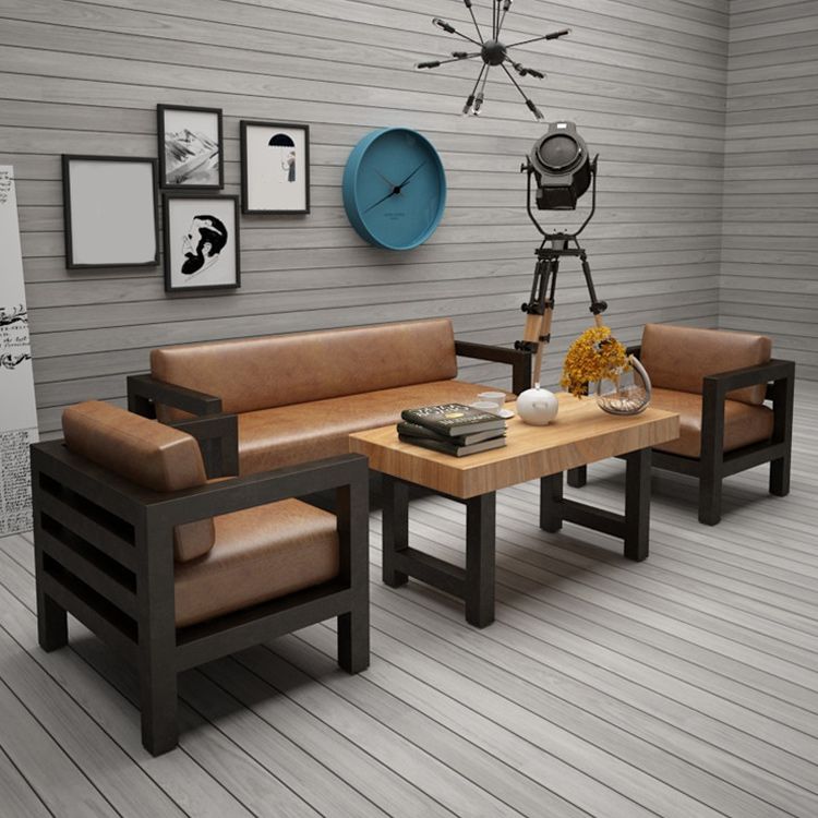 Contemporary Brown Leather Sofa with Black Square in Iron for Apartment