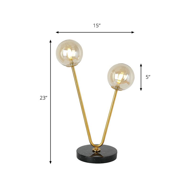 Lampe de table à abat-jour boule en verre moderne, 2 lumières, lampe de table dorée avec base en marbre