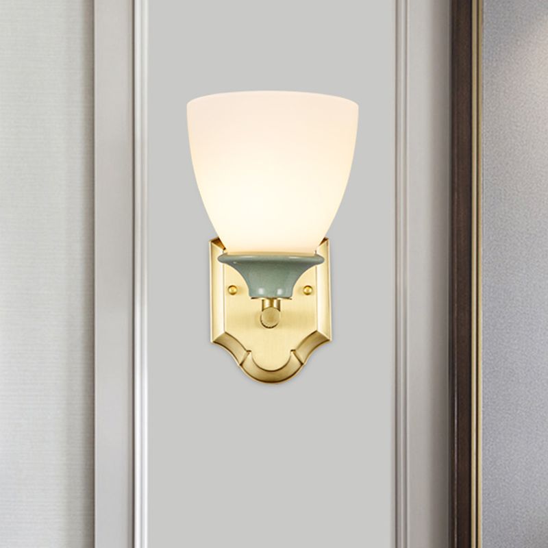 Cream Glass Gold Wall Lamp Bud 1 Bulb Traditionalist Wall Light Fixture with Straight Arm