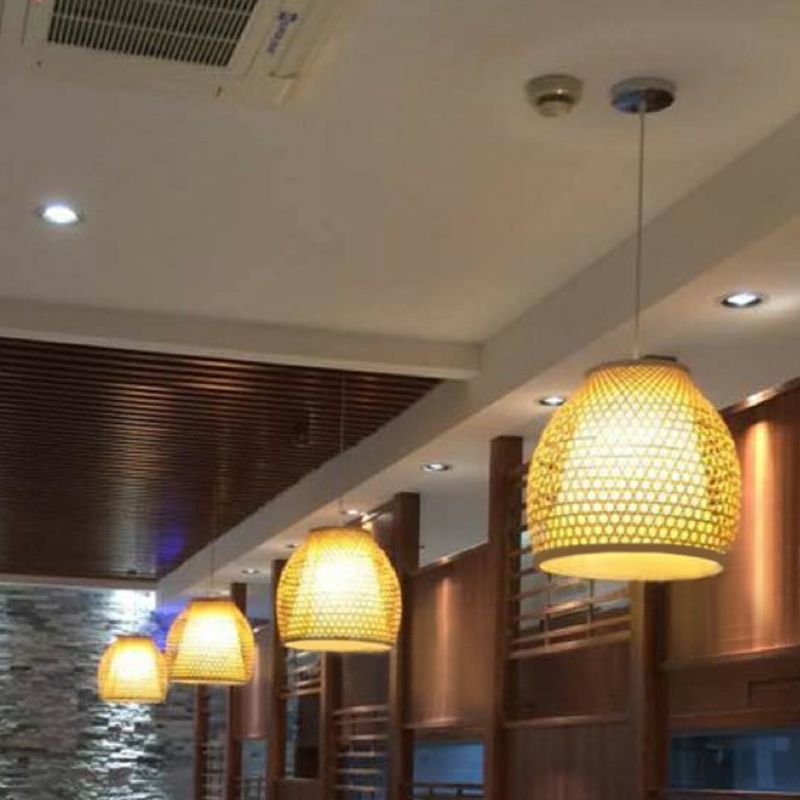 Bamboo Bell Shaped Hanging Lamp Chinese 1-Light Beige Down Lighting for Dining Room