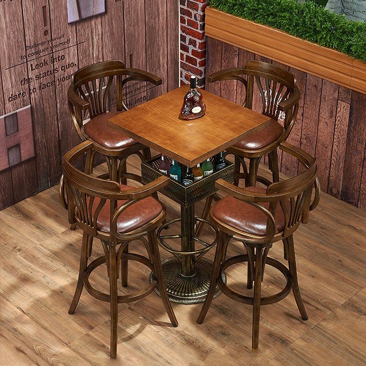 Industrial Solid Wood Bar Table Set 1/3/4/5 Pieces Counter Table with High Stools