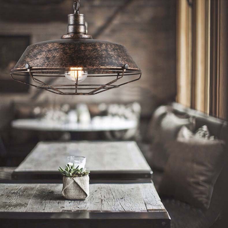 Rustic Stylish Wire Cage Pendant Light with Barn Shade 1 Light Iron Ceiling Light Fixture in Antique Brass/Rust, 10"/14"/18" Width