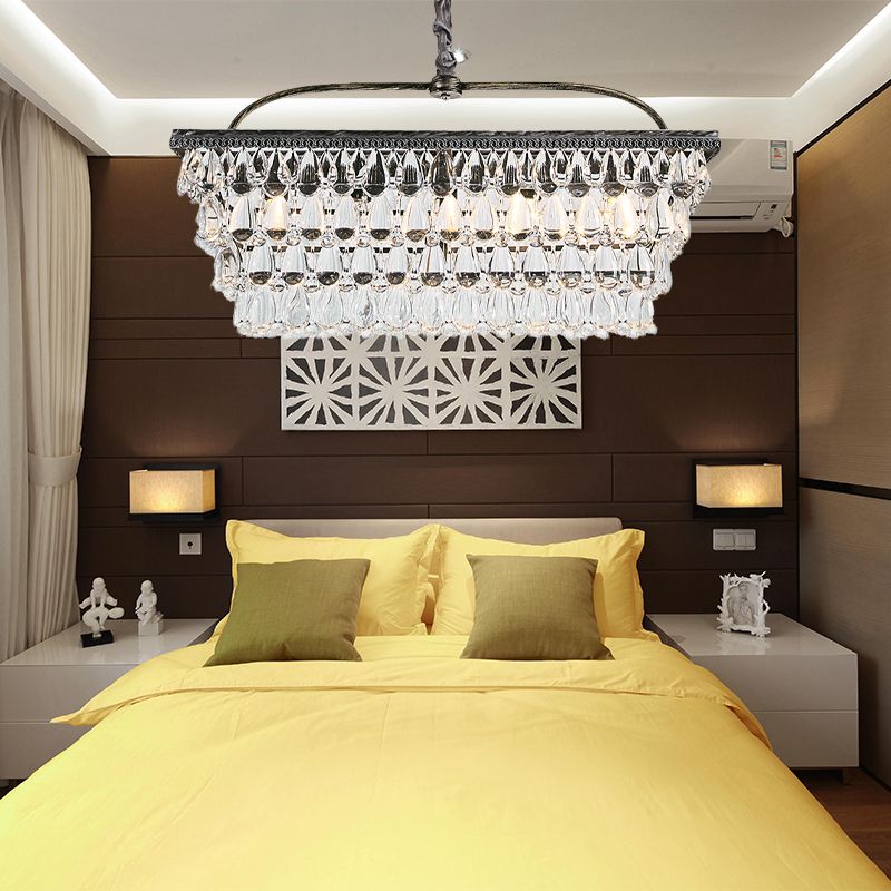 Silver Rectangle Hanging Ceiling Light Modernism Teardrop Crystal 4/6 Heads Living Room Island Light