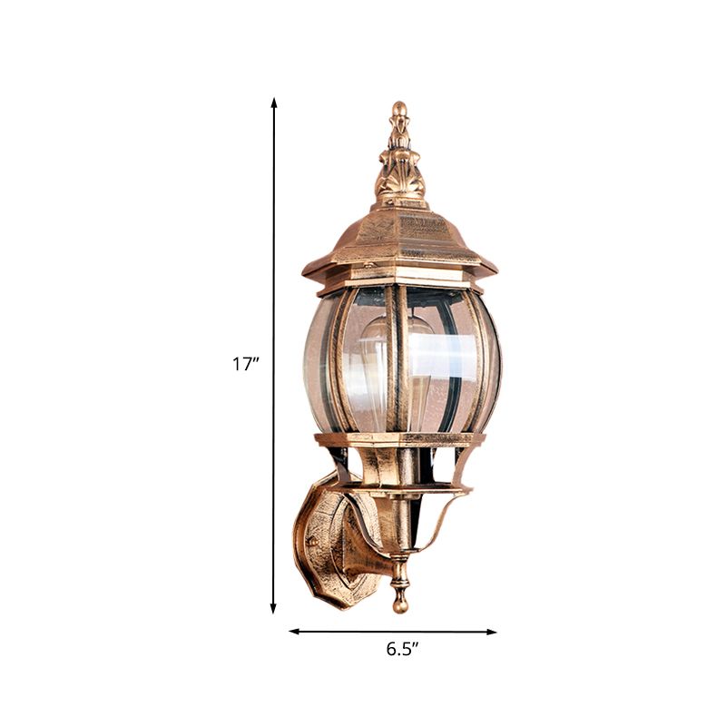 1 Bulb Wall Light Fixture Country Outdoor Wall Lighting Ideas with Global Clear Glass Shade in Brass