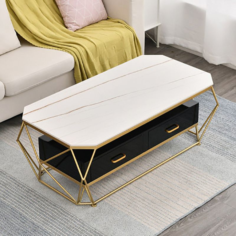 Slate Rectangular Coffee Table Golden Frame Abstract Cocktail Table with Drawer