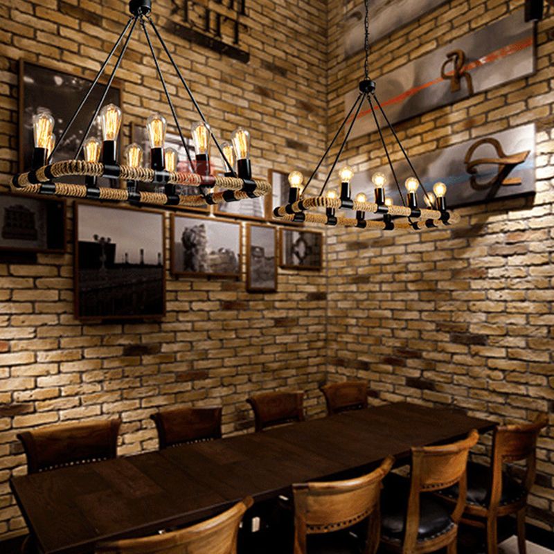 Rectangular Hemp Rope Island Lamp Industrial 10-Light Dining Room Suspension Light
