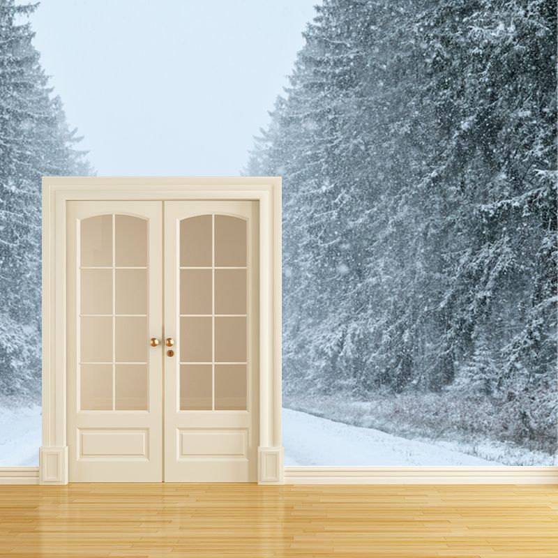 Snowy Road to Unknown Mural Contemporary Smooth Wall Art in White for Living Room