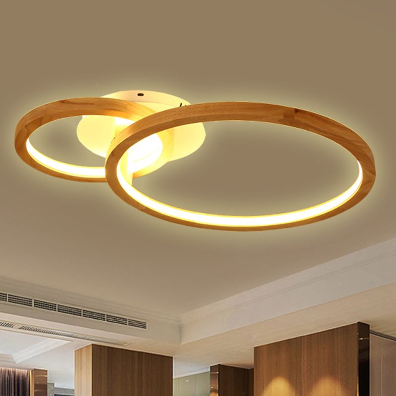 2-Tier Ring Wood Semi Flush Lamp Modern Led Brown Flush Semi Ceiling Light for Bedroom in Warm Light, 21.5"/28" Wide