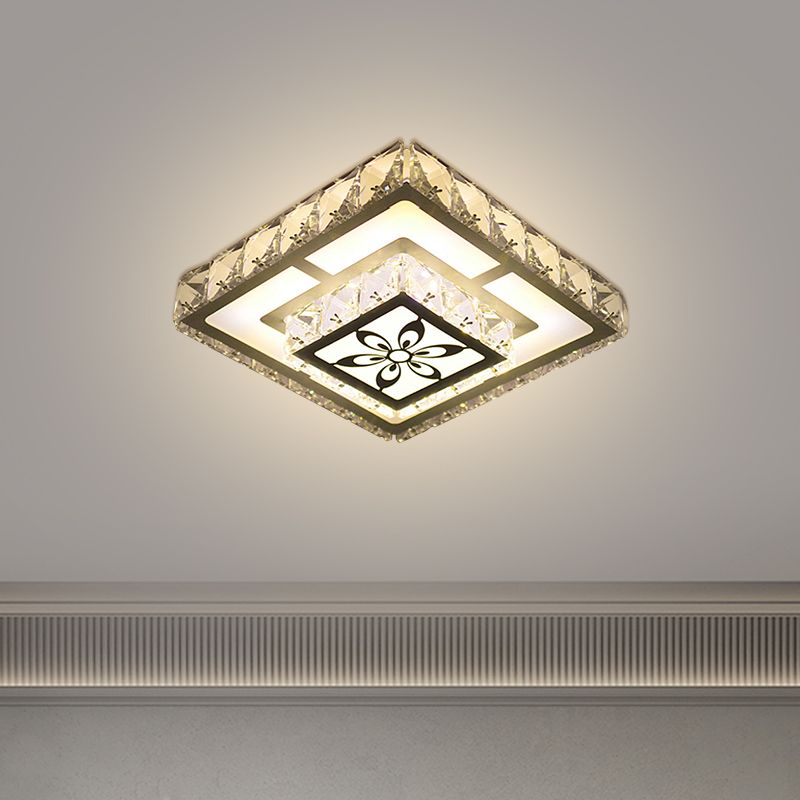 Modernist Round/Square Flush Light Beveled Crystal LED Corridor Ceiling Fixture in White with Flower Pattern, Warm/White Light