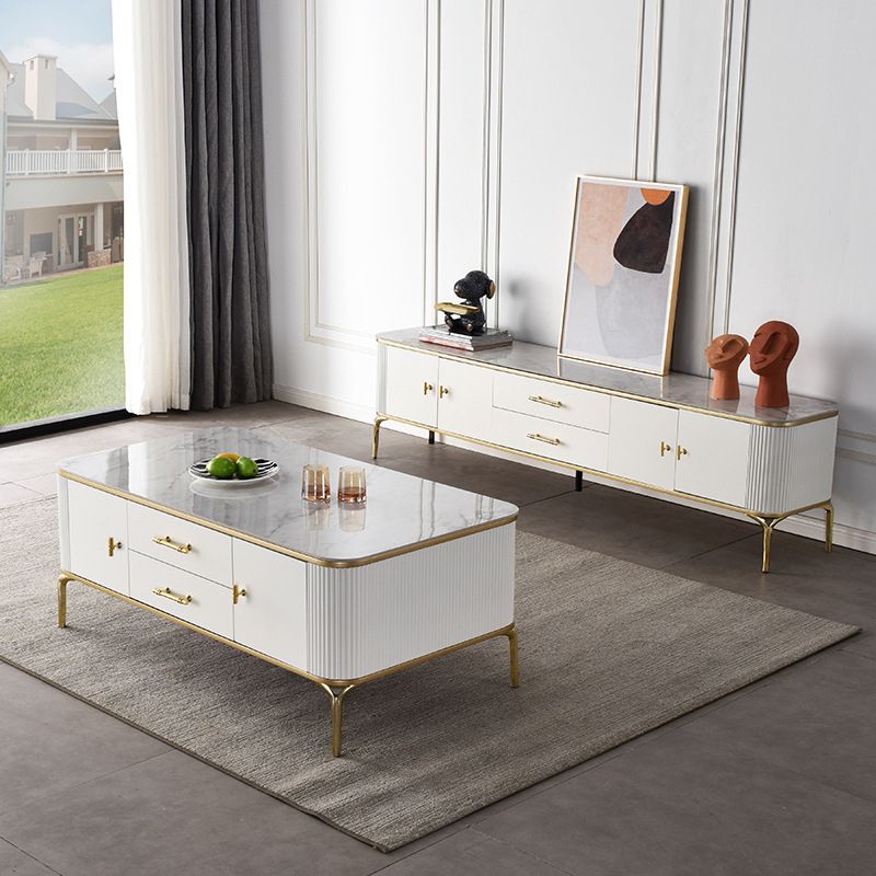 Glam 4 Legs Single Coffee Table Slate Rectangle Cocktail Table with 2 Drawers
