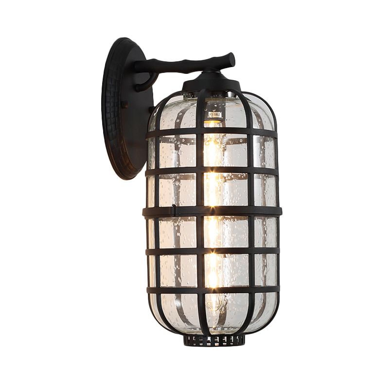 Lantern Courtyard Wall Mount Lamp Farmhouse Clear Bubble Glass 1 Bulb Black/Coffee Wall Lighting Ideas with Metal Cage