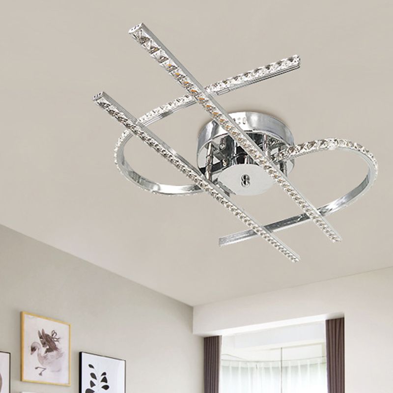 Dollar Shaped Bedroom Semi Flush Light Simple Crystal LED Chrome Semi Flush Mount in Warm/White Light