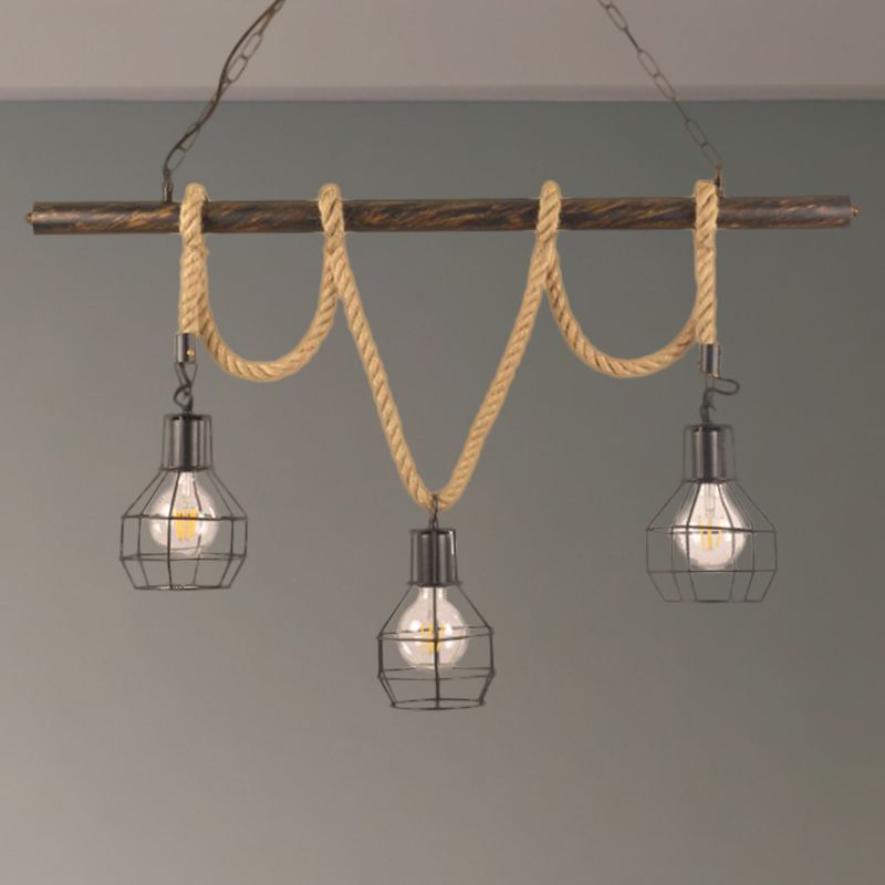 Global/Bottle Restaurant Island Pendant Light Iron 3 Lights Retro Style Black Ceiling Light with Hanging Rope