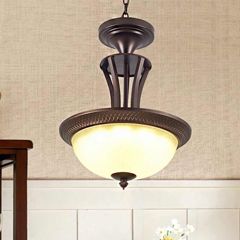 3 Light Chandelier Light with Bowl White Glass Shade Traditional Living Room Ceiling Lamp in Bronze