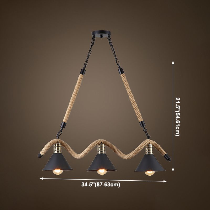 Black Conical Island Lighting Industrial Hemp Rope 3-Head Dining Room Pendant Lamp