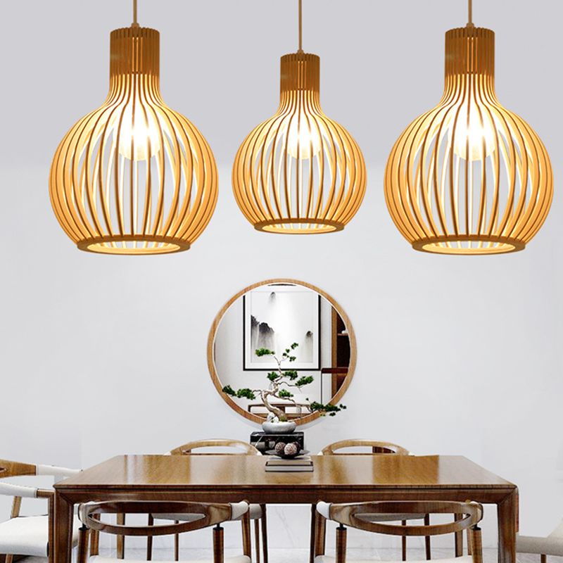 Spherical Caged Pendant Lamp Minimalist Wooden 1-Light Restaurant Hanging Light