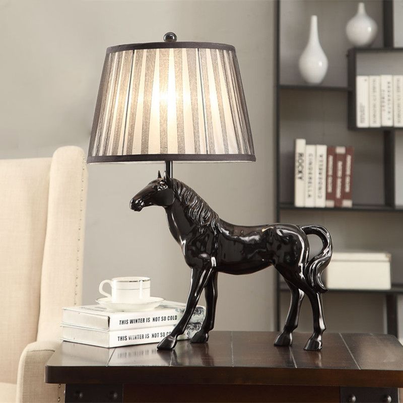 1 Light Tapered Table Light Antiqued White Fabric Desk Lamp with Animal Base