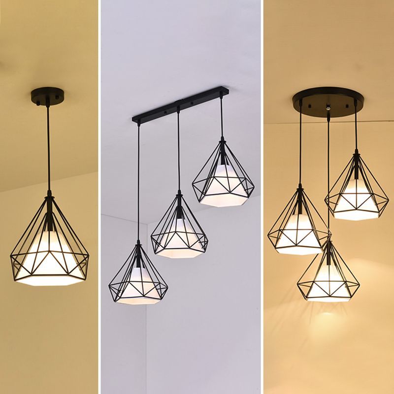 Lampada a ciondolo a ciondolo in gabbia di ferro, sospensione della sala da pranzo retrò in nero