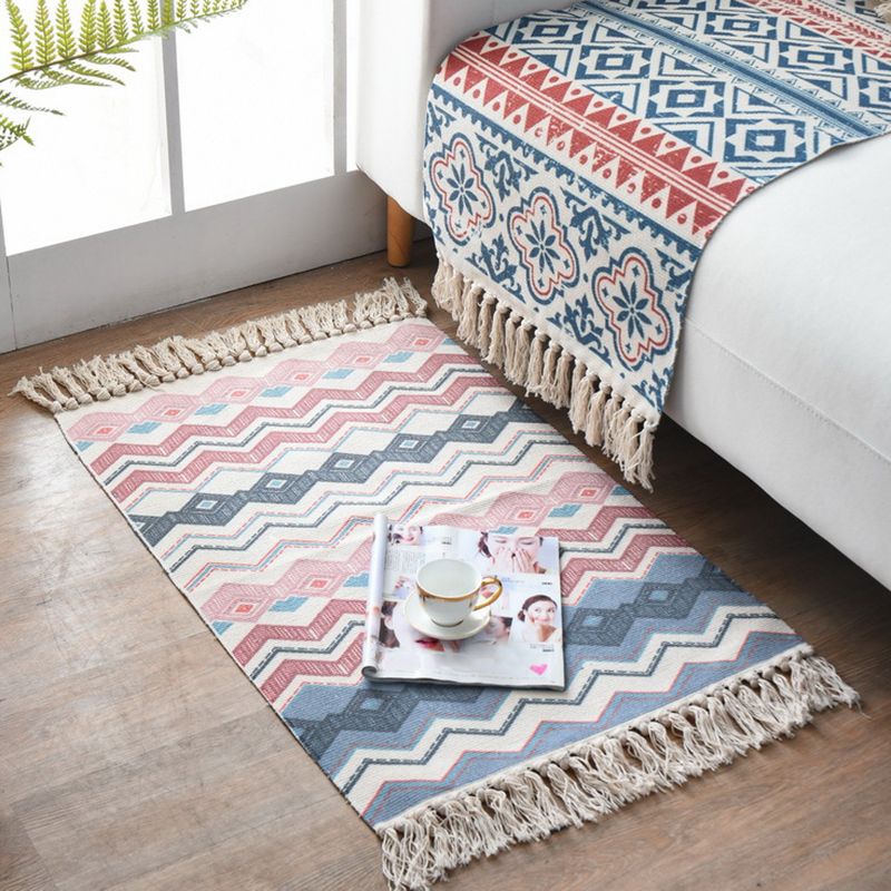 Western Bedroom Rug Multi-Colored Geometric Print Carpet Cotton Blend Machine Washable Easy Care Rug with Fringe