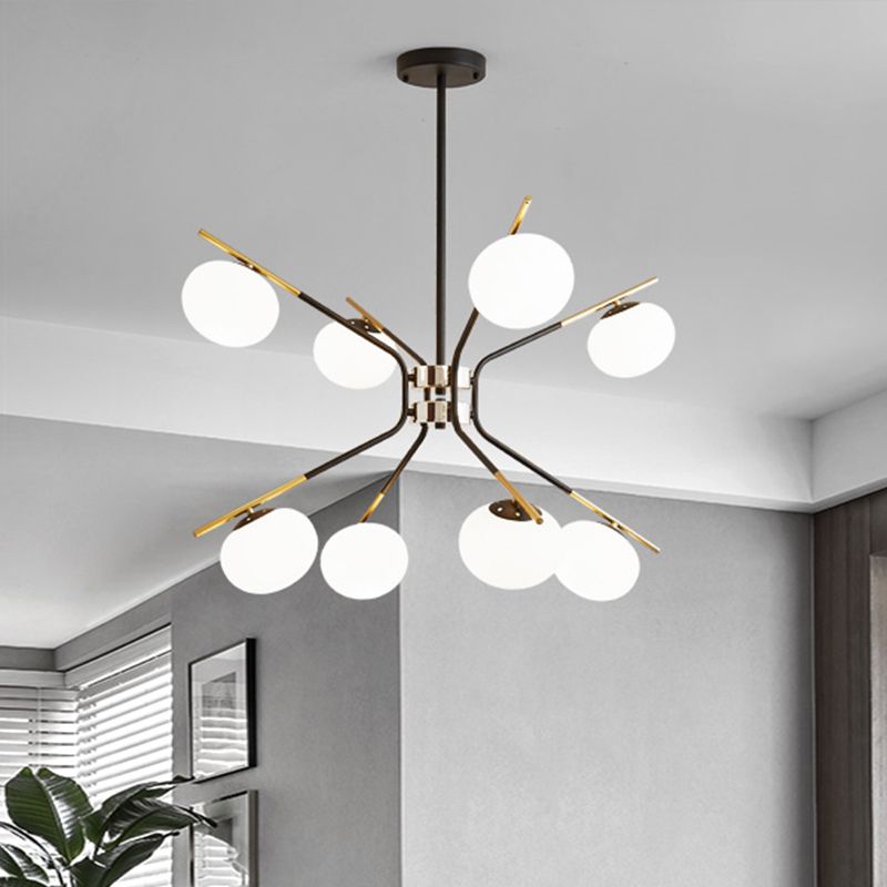Lampadario a pendente sputnik moderno metallo moderno 8 luci lampada a soffitto a sospensione nera e oro con tonalità di vetro glassata bianca globale