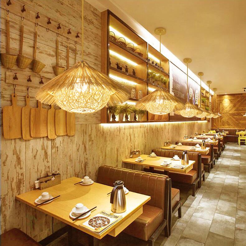 Iluminación Suspendida de Ratán de Granja 1 Bombilla Luz Colgante Asiática para Sala de Té