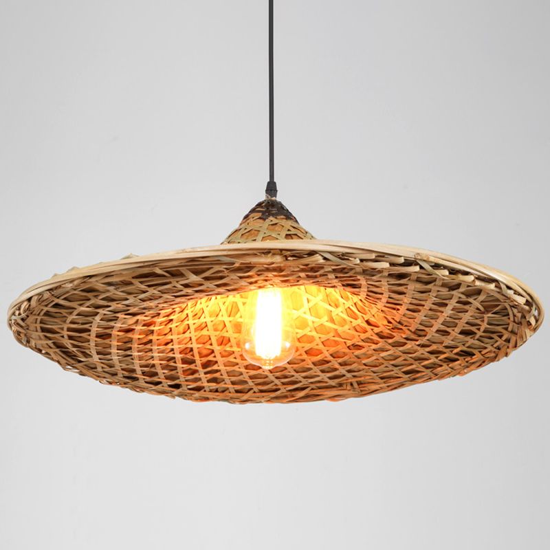 Asian Inspired Farmers Hat Pendant Bamboo Woven 1 Head Diner Ceiling Lamp in Wood