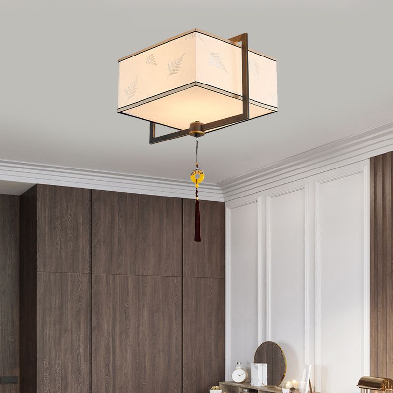 Traditional Square Flush Ceiling Light 5 Lights Fabric Flush Mount Fixture in White for Bedroom