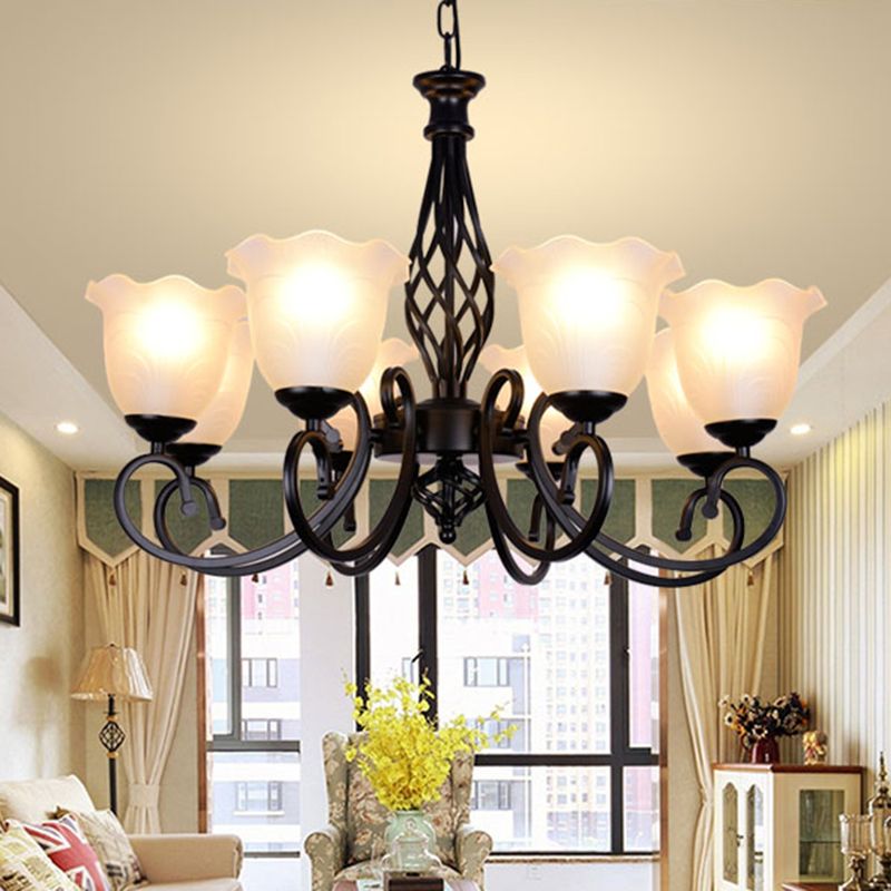 Ruffle Glass Floral Shade Chandelier Lighting Classic Living Room Pendant Light with Scroll Arm