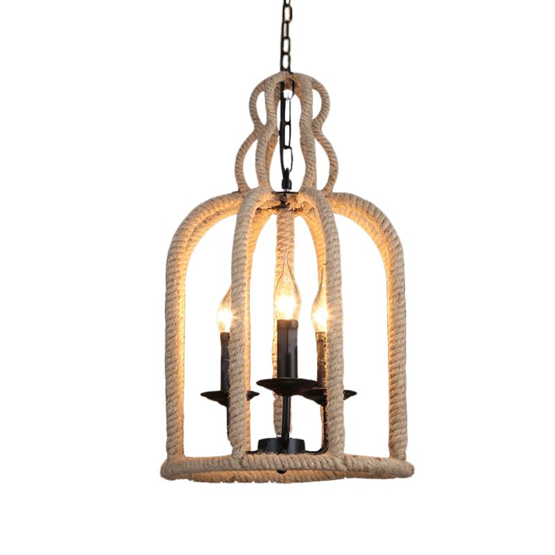 Beige 3 Heads Chandelier Light Industrial Rope Bird Cage Ceiling Pendant Lamp for Coffee Shop