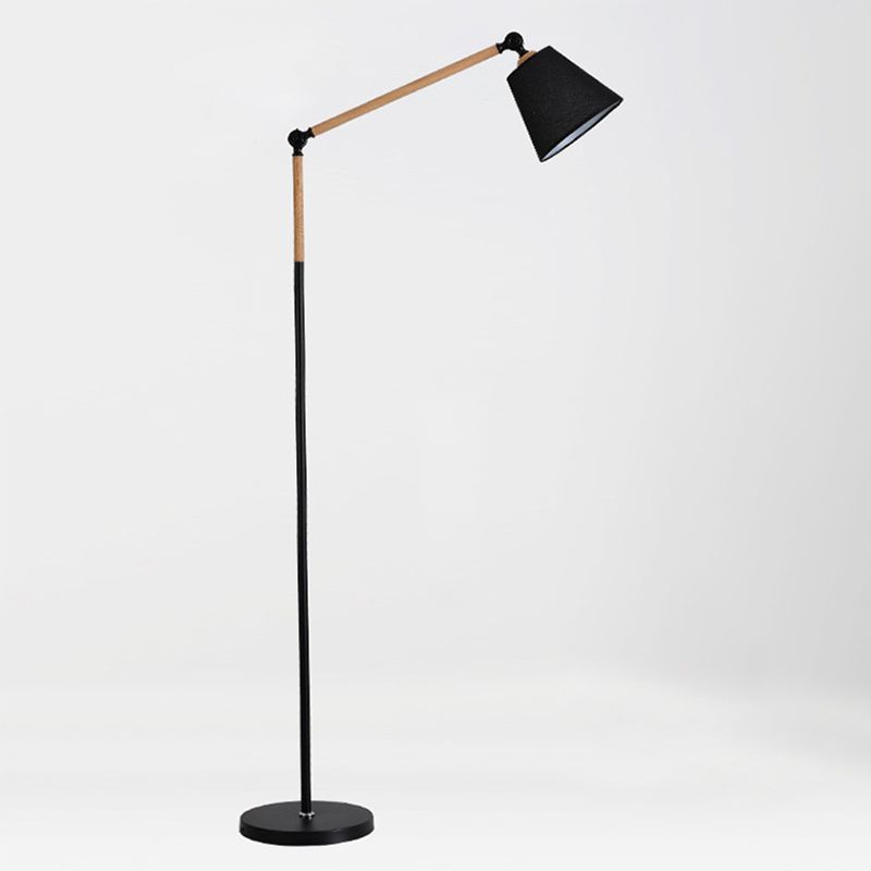 Tapered Floor Reading Lamp Nordic Fabric 1 Bulb Black/White and Wood Floor Light with Swing Arm