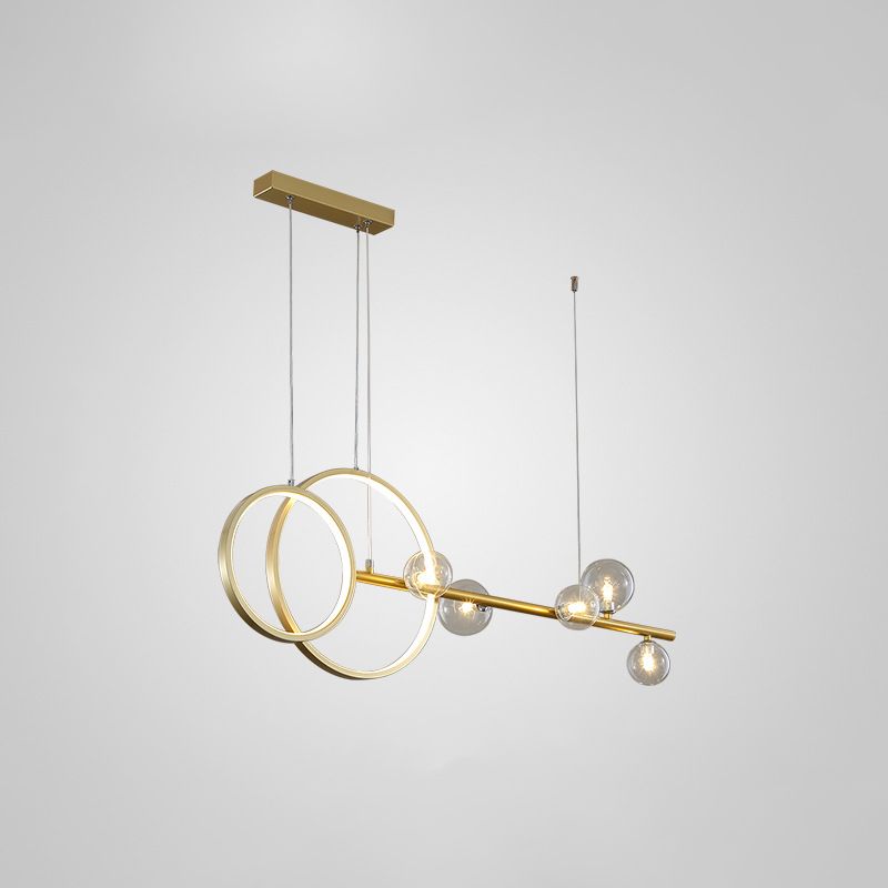 Moderno a ciondolo lineare e anello LED Light Metal Dining Room Isola sospesa con tonalità in vetro trasparente