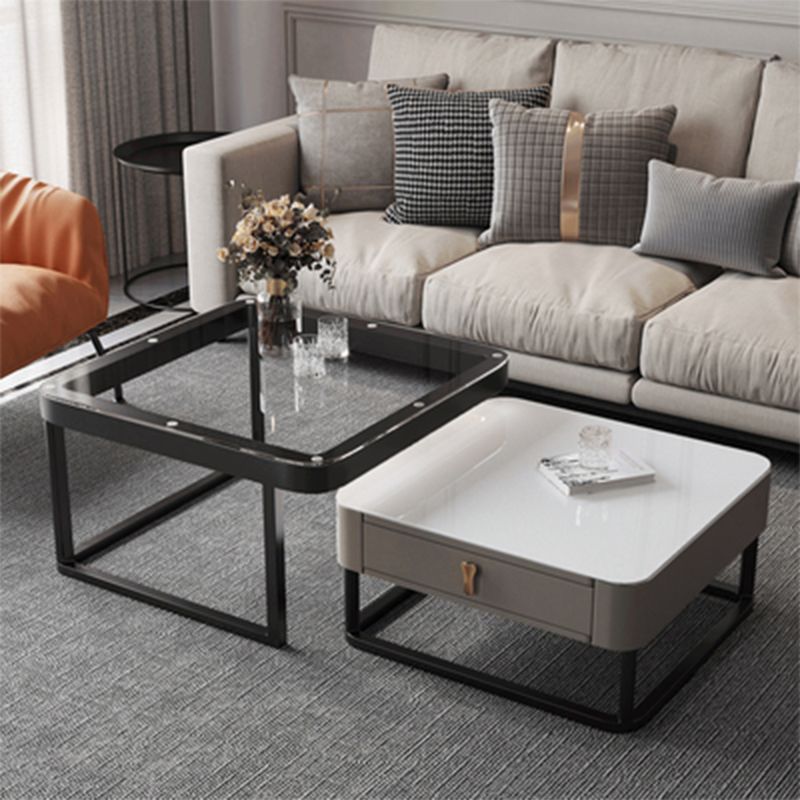 Coffee Table with a Black Frame Base Made of Glass and Rock Sheet and a Square Top