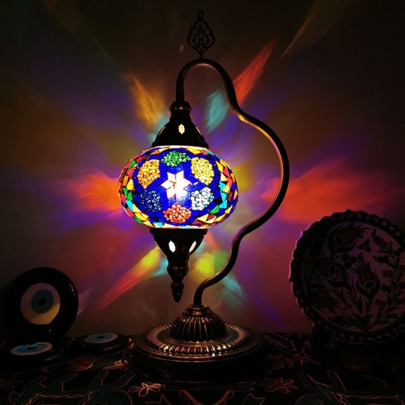 Stained Art Glass Globe Table Lamp Art Deco 1 Head Restaurant Night Light with Curvy Arm in White/Red/Yellow