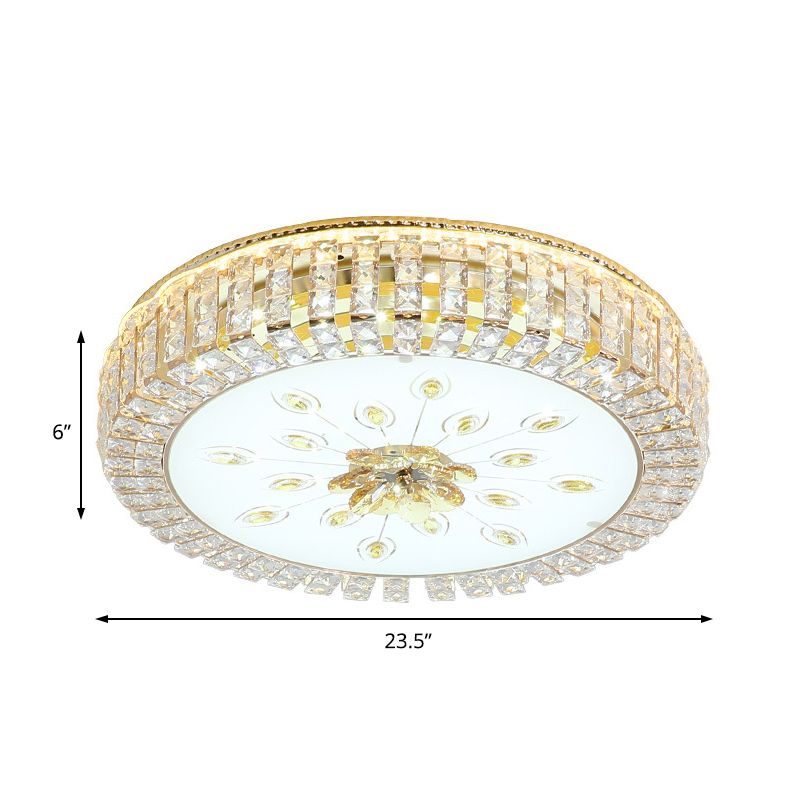16"/19.5" Dia Circle Flush Mount Fixture Bedroom LED Modern Clear Crystal Flush Lamp with Frosted Glass Diffuser in Gold