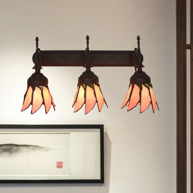 Mission Flower/Morning Glory Sconce 3 Lights Pink Glass Wall Mount Light Fixture with Curved Arm for Dining Room